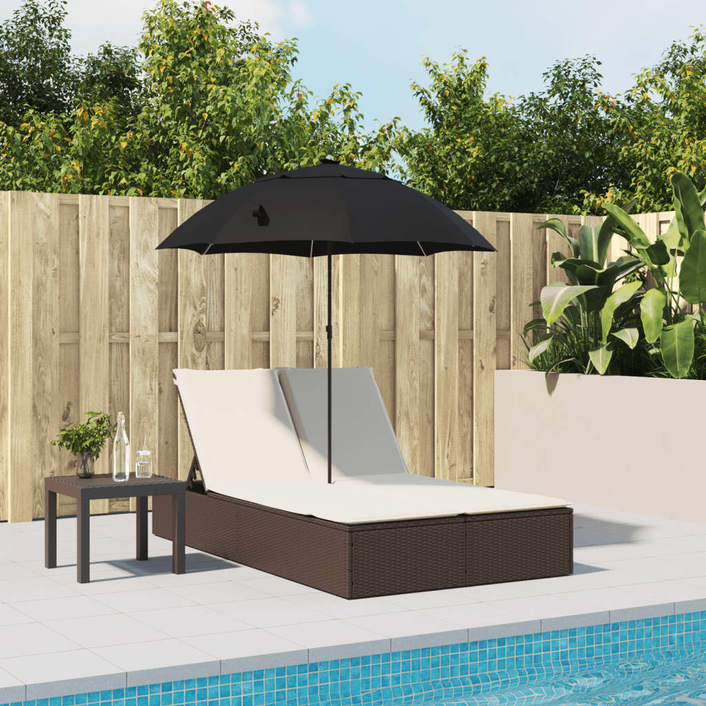 Ligbed 2-persoons met kussens en parasol poly rattan bruin