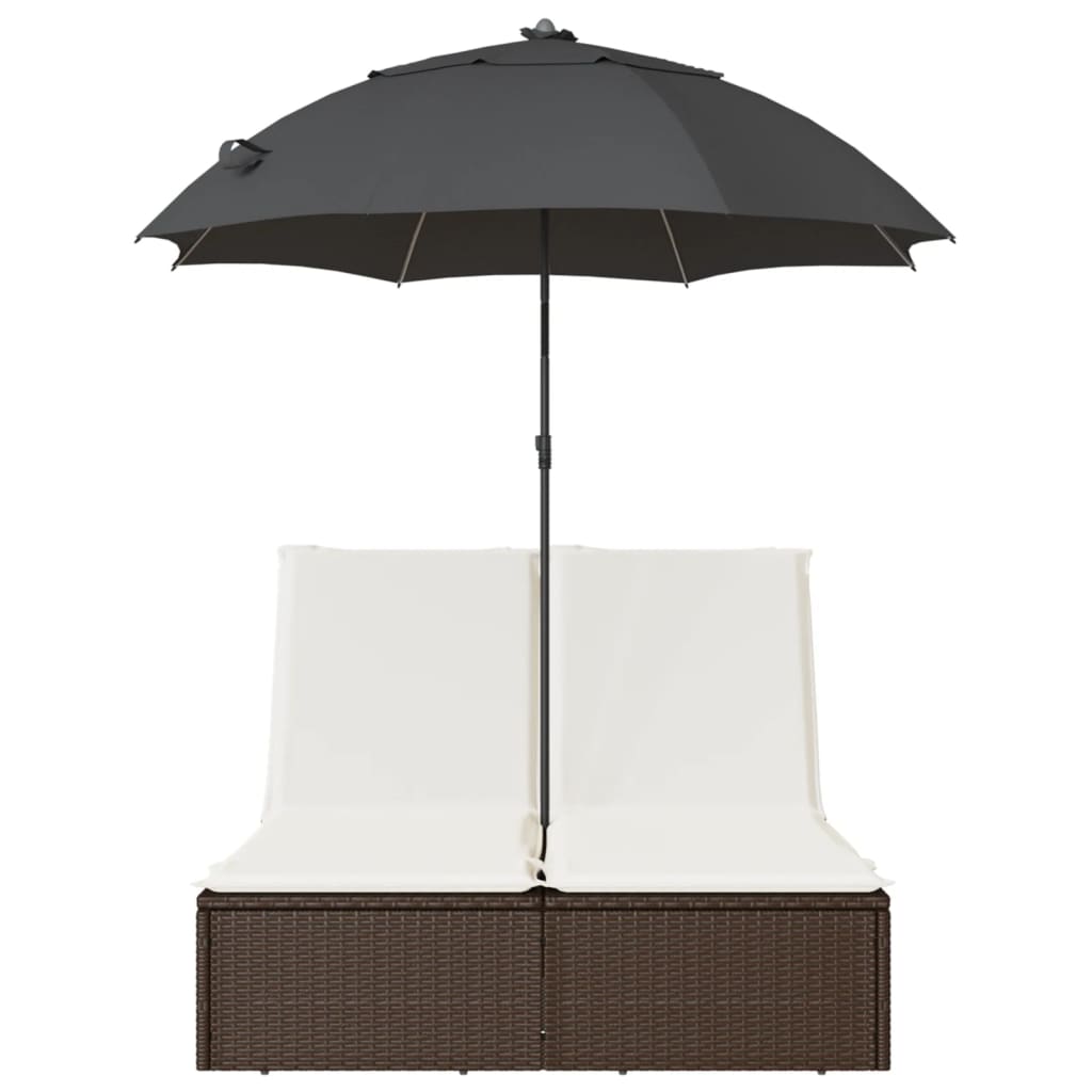 Ligbed 2-persoons met kussens en parasol poly rattan bruin