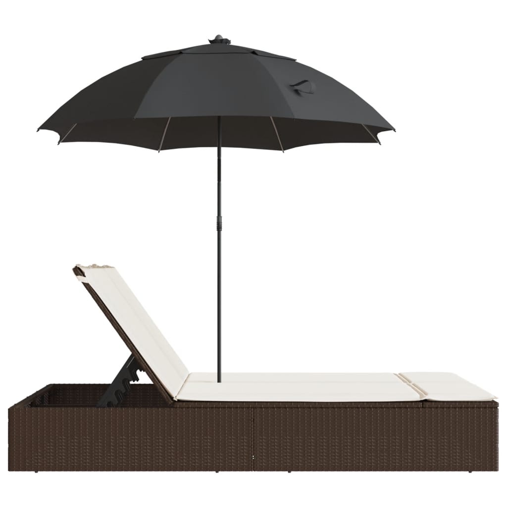 Ligbed 2-persoons met kussens en parasol poly rattan bruin