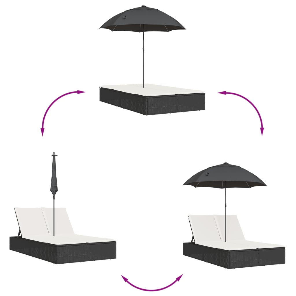 Ligbed 2-persoons met kussens en parasol poly rattan bruin