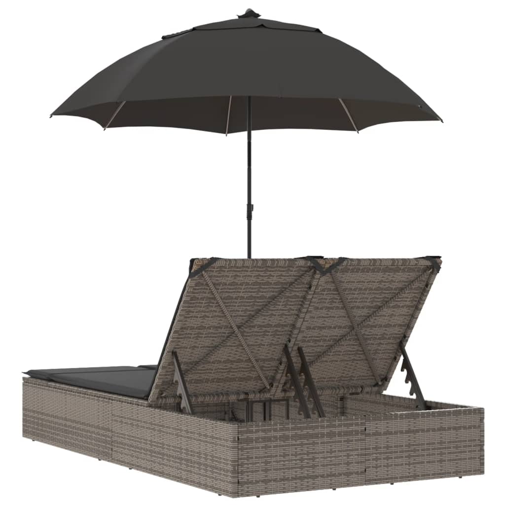 Ligbed 2-persoons met kussens en parasol poly rattan grijs