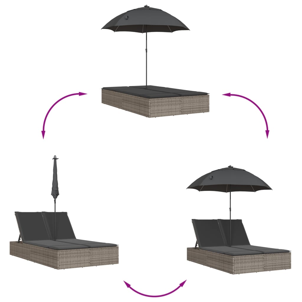 Ligbed 2-persoons met kussens en parasol poly rattan grijs