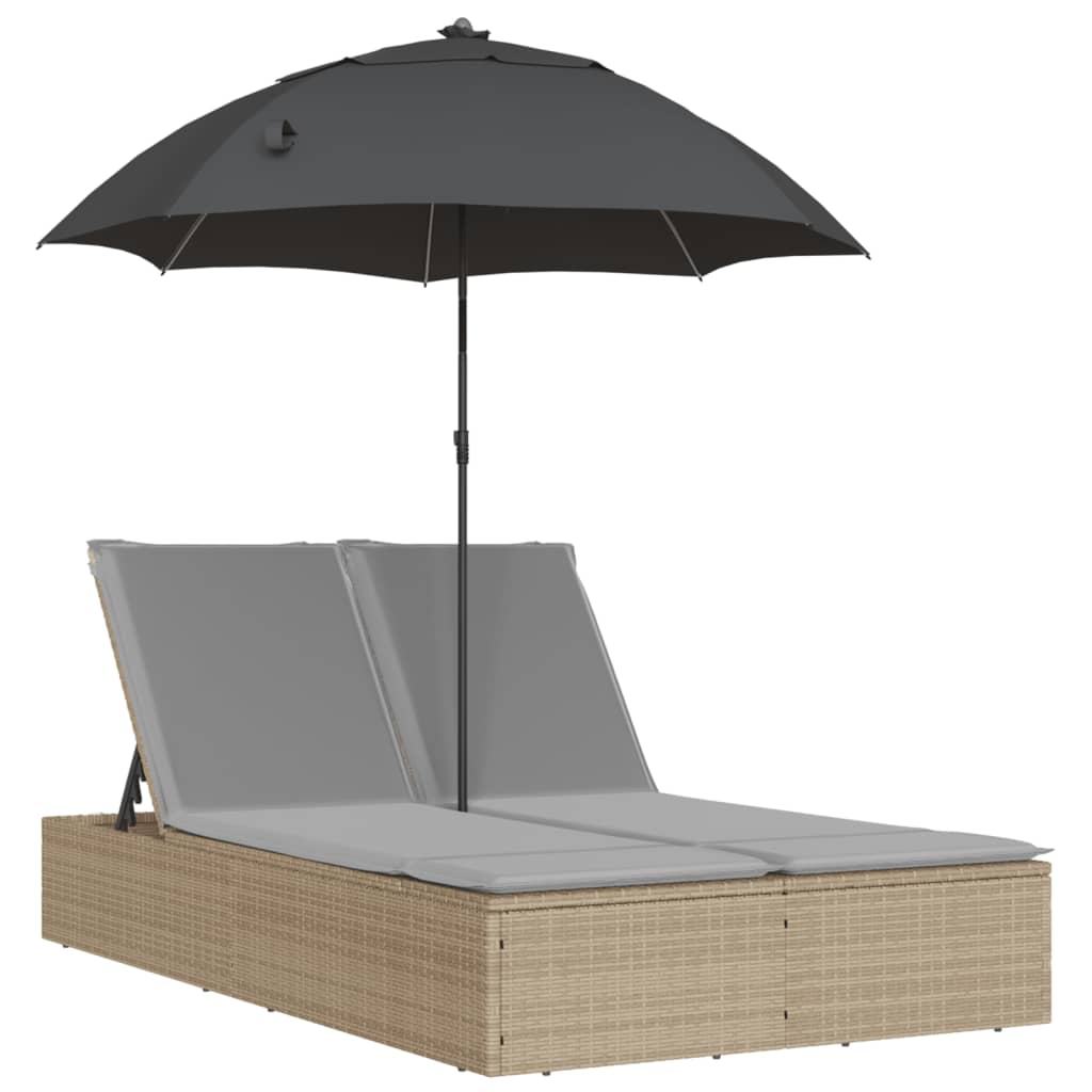 Ligbed 2-persoons met kussens en parasol poly rattan beige