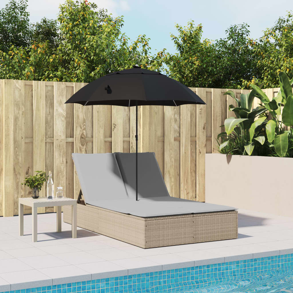 Ligbed 2-persoons met kussens en parasol poly rattan beige