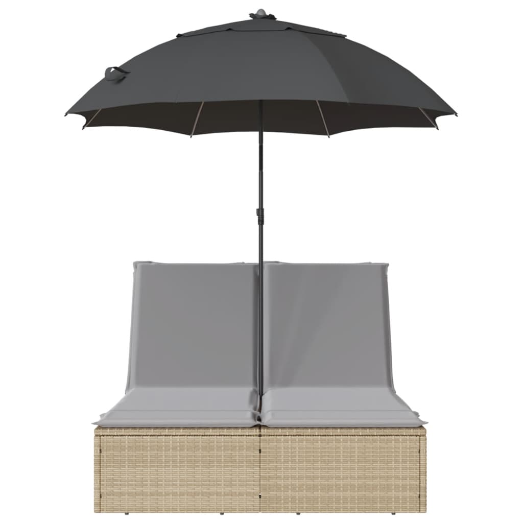 Ligbed 2-persoons met kussens en parasol poly rattan beige