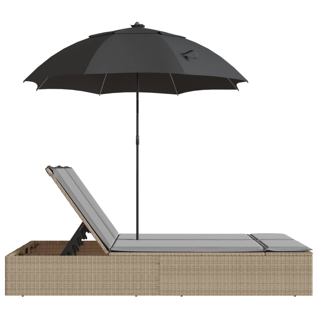 Ligbed 2-persoons met kussens en parasol poly rattan beige