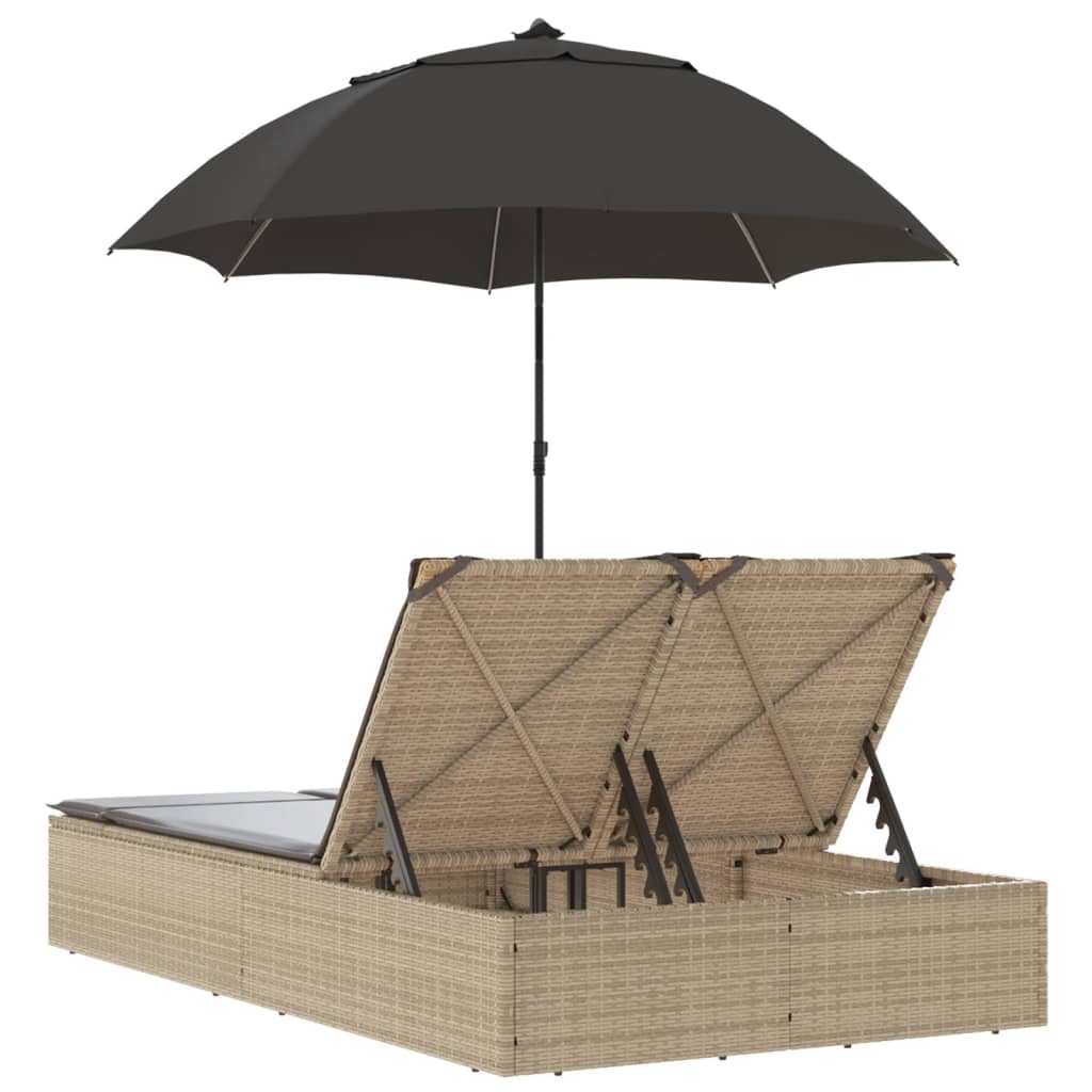 Ligbed 2-persoons met kussens en parasol poly rattan beige