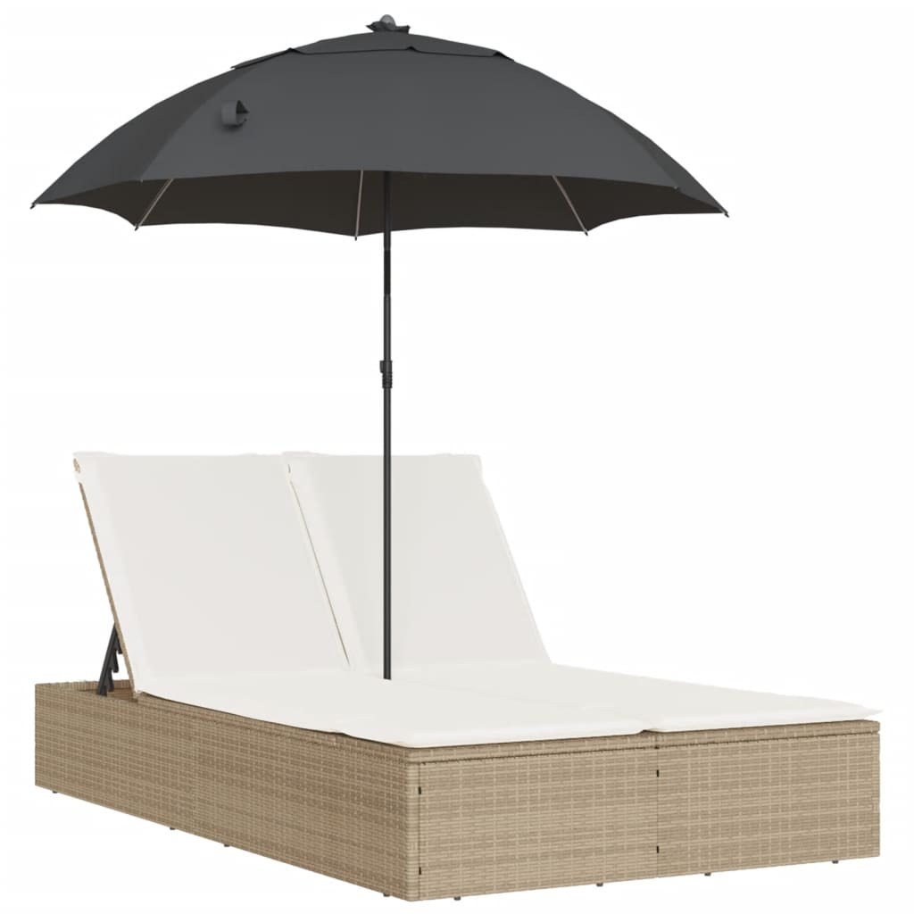 Ligbed 2-persoons met kussens en parasol poly rattan beige