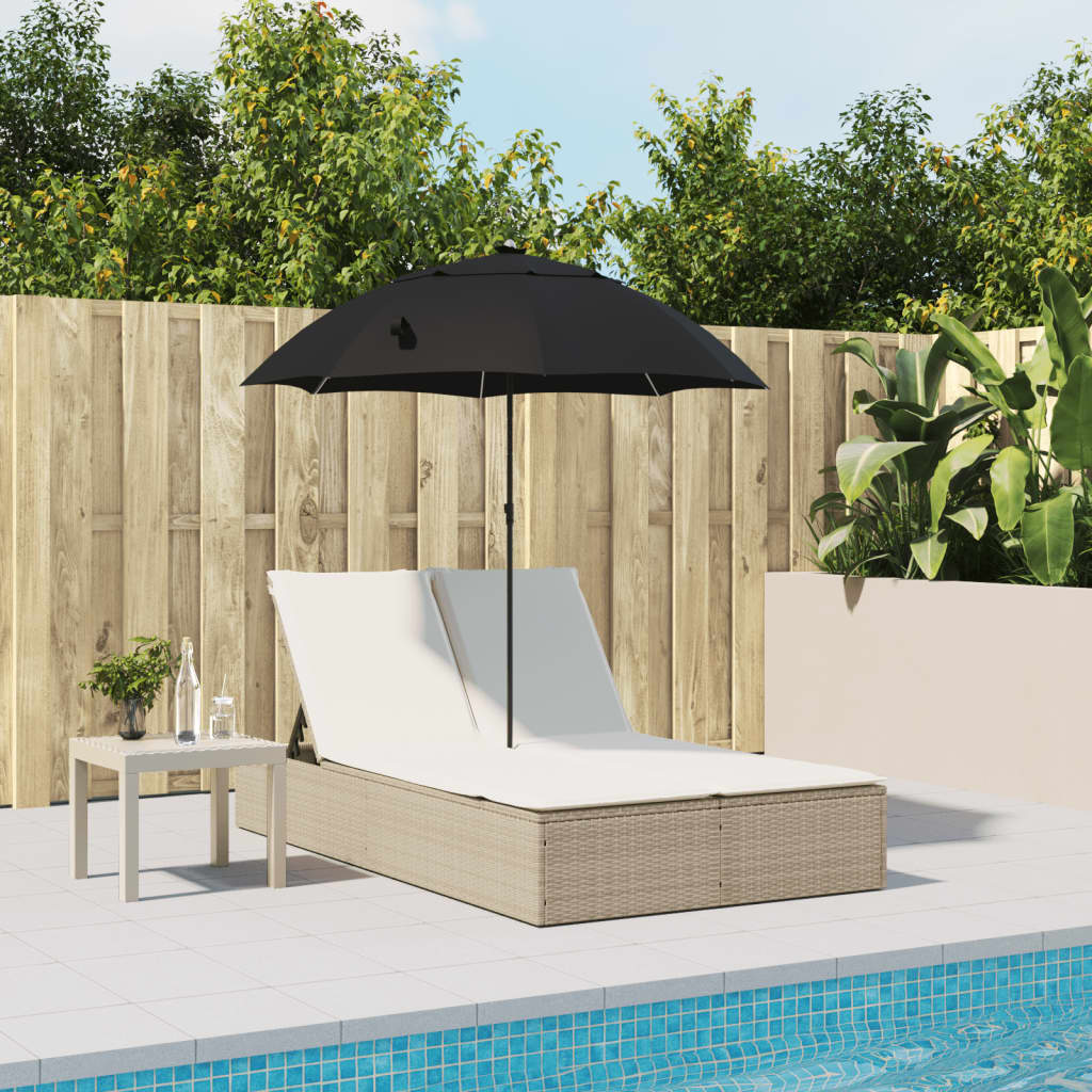 Ligbed 2-persoons met kussens en parasol poly rattan beige