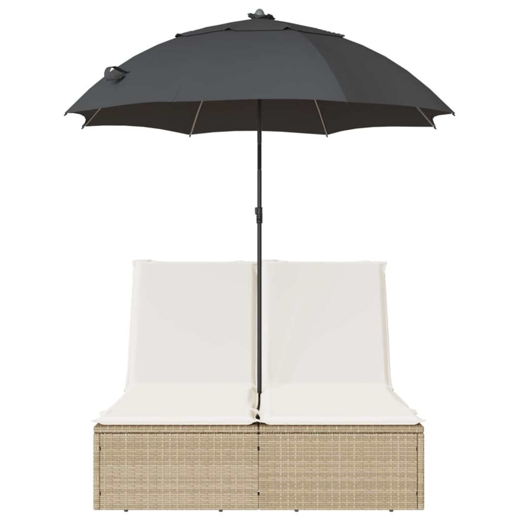 Ligbed 2-persoons met kussens en parasol poly rattan beige