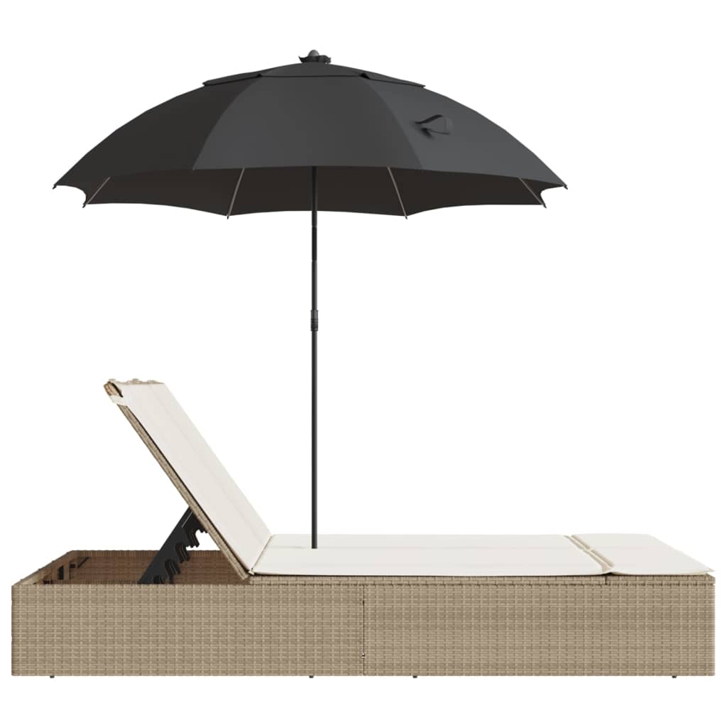 Ligbed 2-persoons met kussens en parasol poly rattan beige