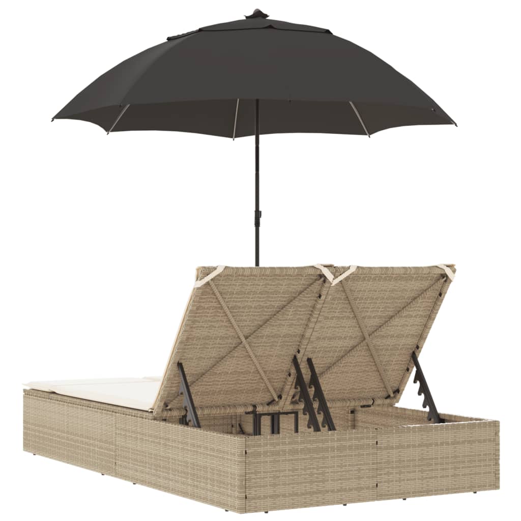 Ligbed 2-persoons met kussens en parasol poly rattan beige