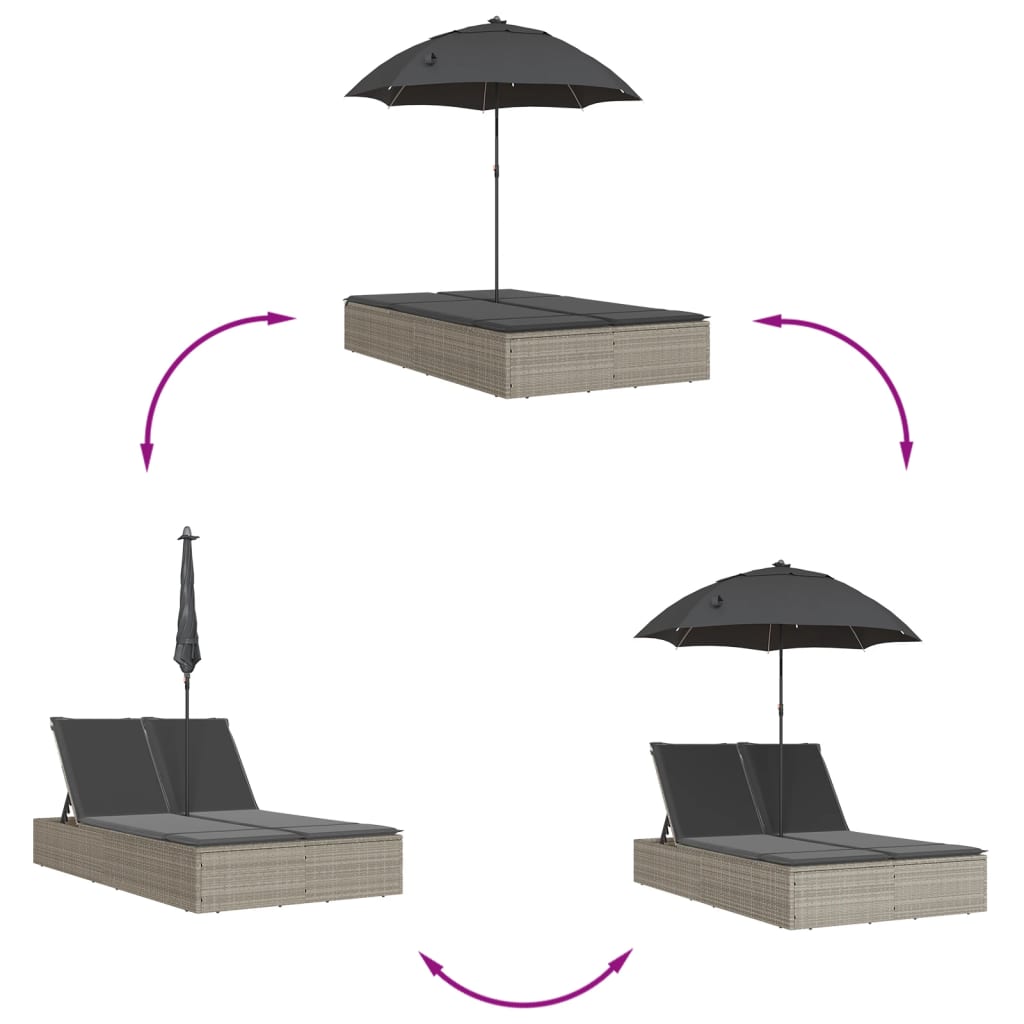 Ligbed 2-persoons met kussens en parasol poly rattan lichtgrijs