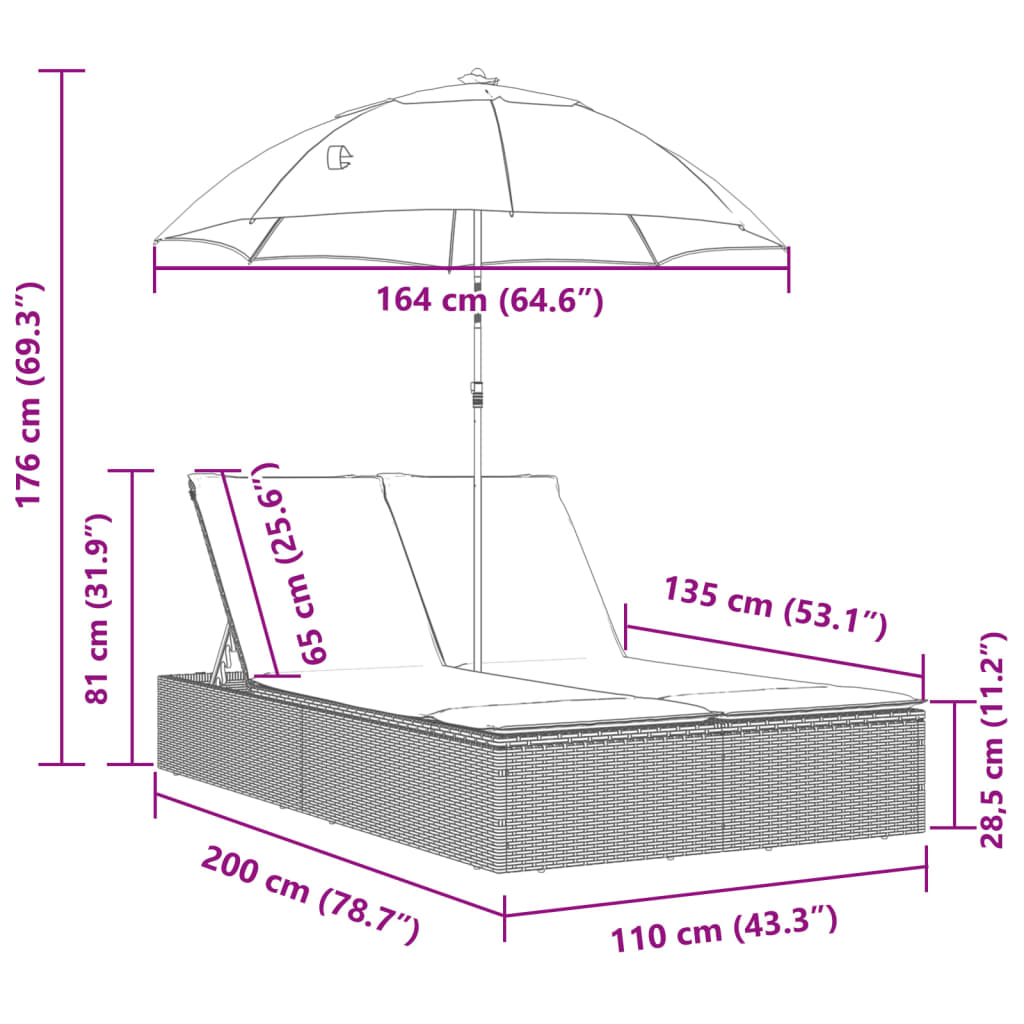 Ligbed 2-persoons met kussens en parasol poly rattan lichtgrijs