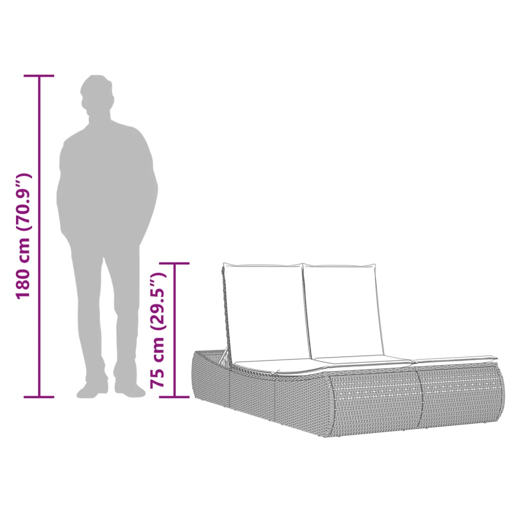 Ligbed 2-persoons met kussens poly rattan bruin