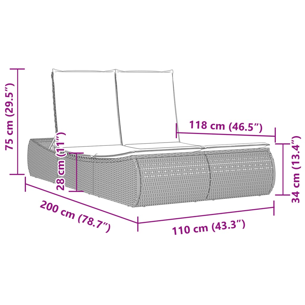 Ligbed 2-persoons met kussens poly rattan grijs