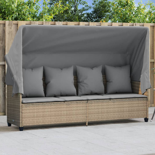 Ligbed met luifel en kussen poly rattan beige