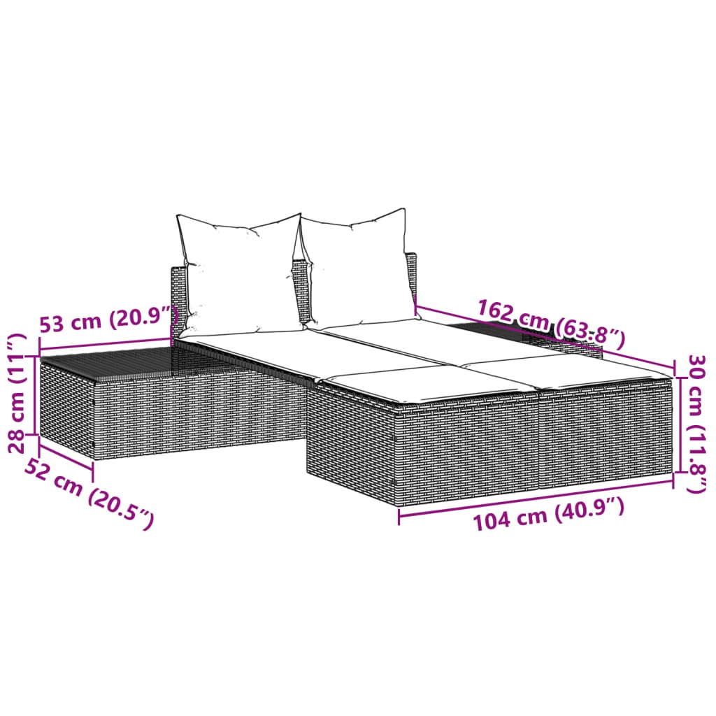 Ligbed 2-persoons met kussens poly rattan zwart