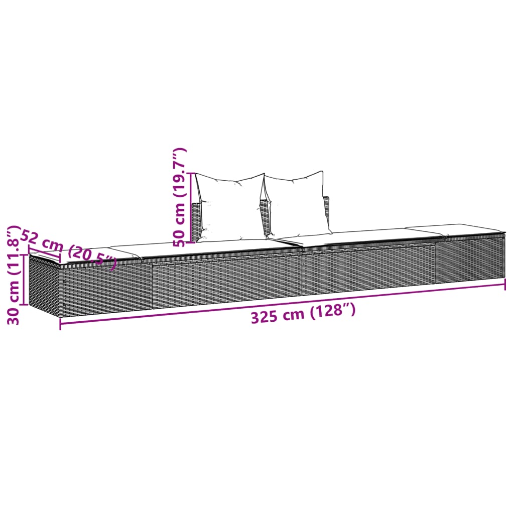 Ligbed 2-persoons met kussens poly rattan zwart