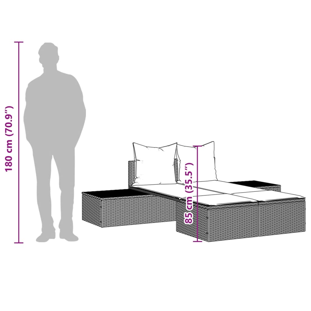 Ligbed 2-persoons met kussens poly rattan zwart