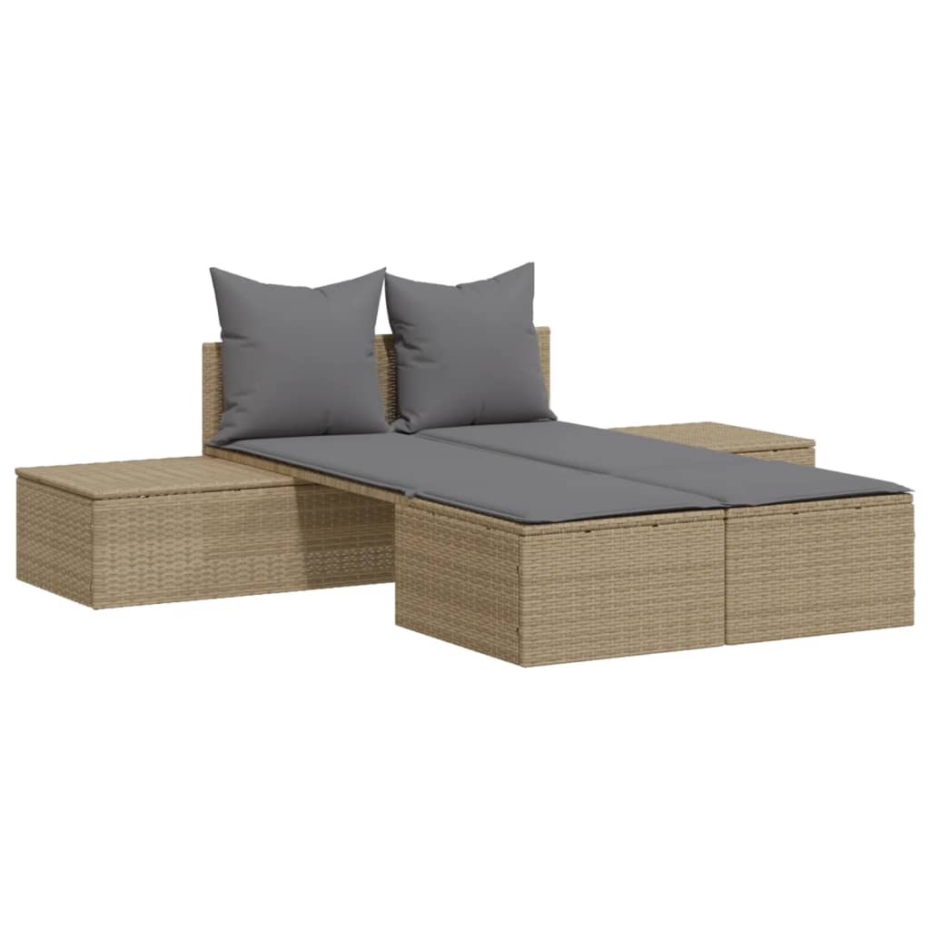 Ligbed 2-persoons met kussens poly rattan beige