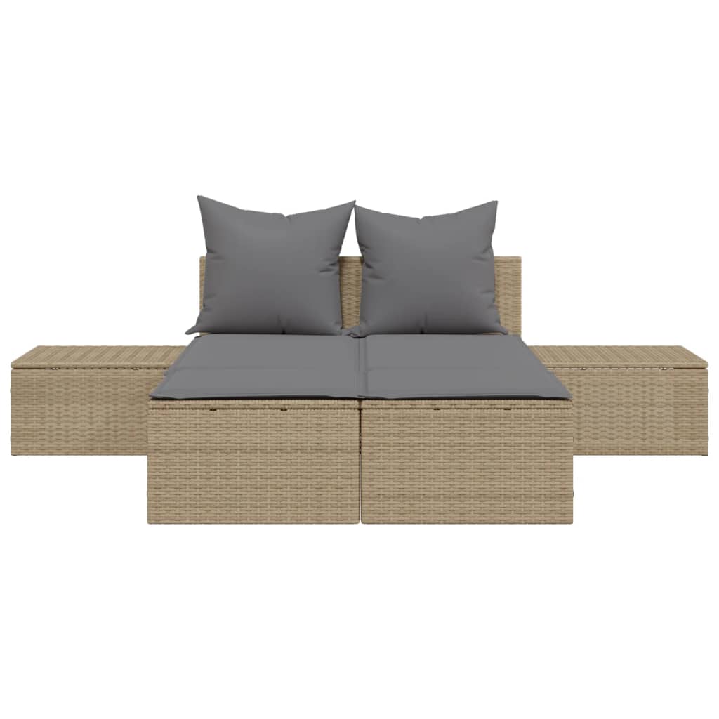 Ligbed 2-persoons met kussens poly rattan beige