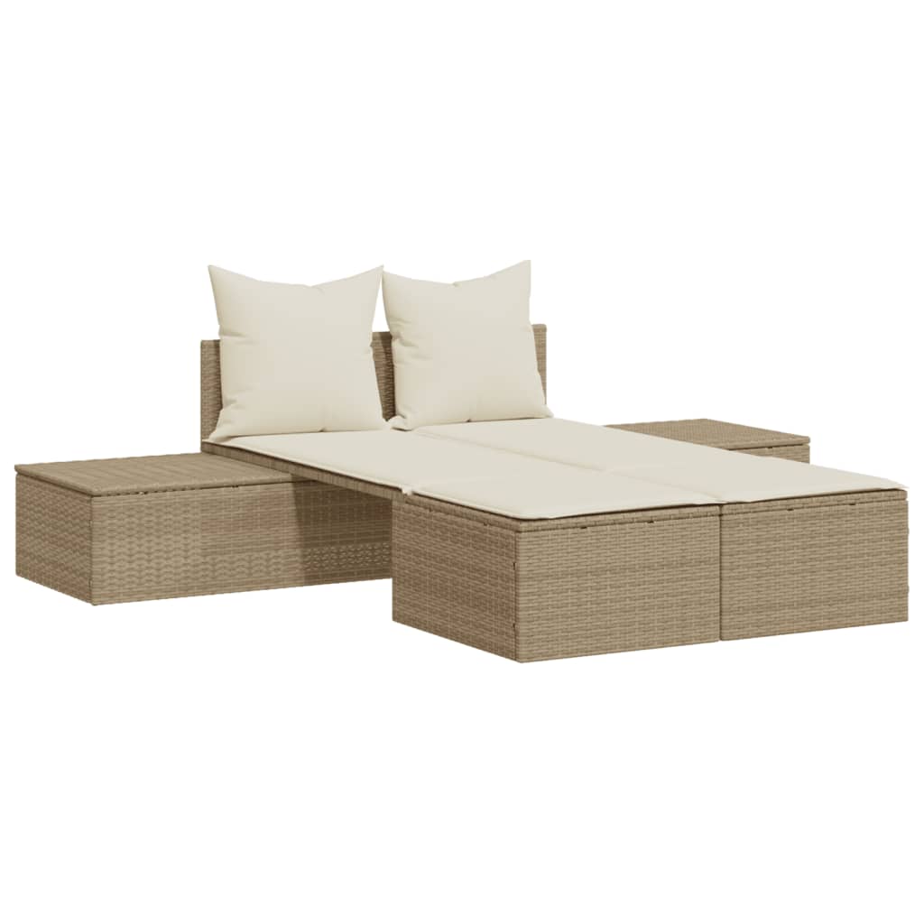 Ligbed 2-persoons met kussens poly rattan beige