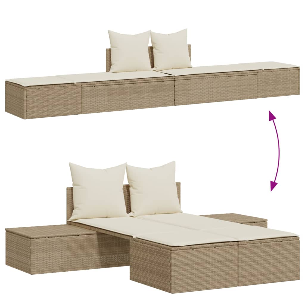 Ligbed 2-persoons met kussens poly rattan beige