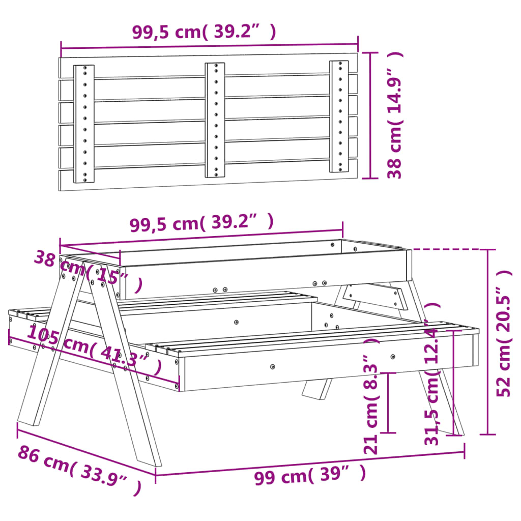 Picknicktafel met zandbak voor kinderen massief grenenhout wit