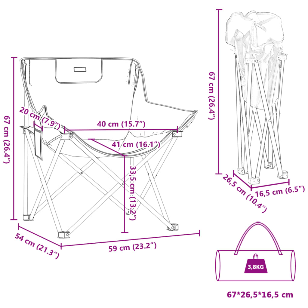 Campingstoelen 2 st met vakje inklapbaar zwart