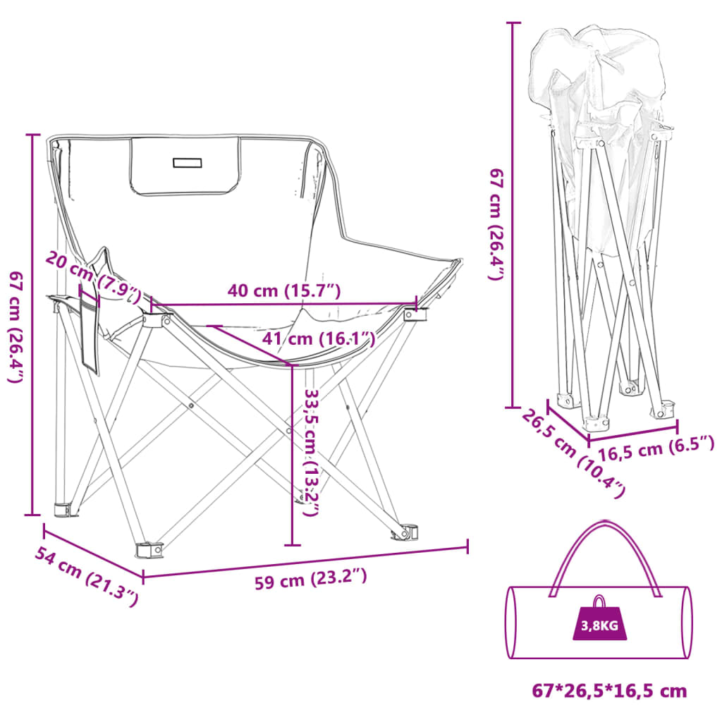 Campingstoelen 2 st met vakje inklapbaar grijs