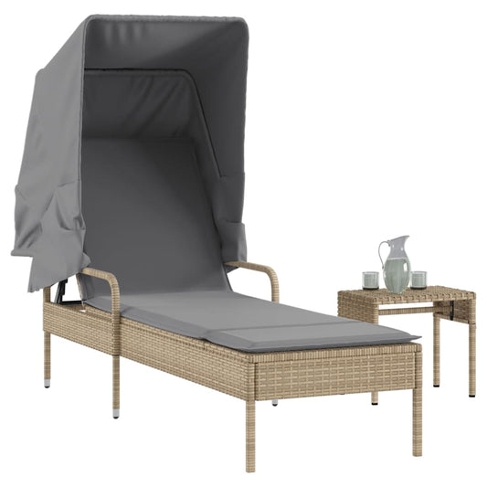 Ligbed met luifel en tafel poly rattan beige