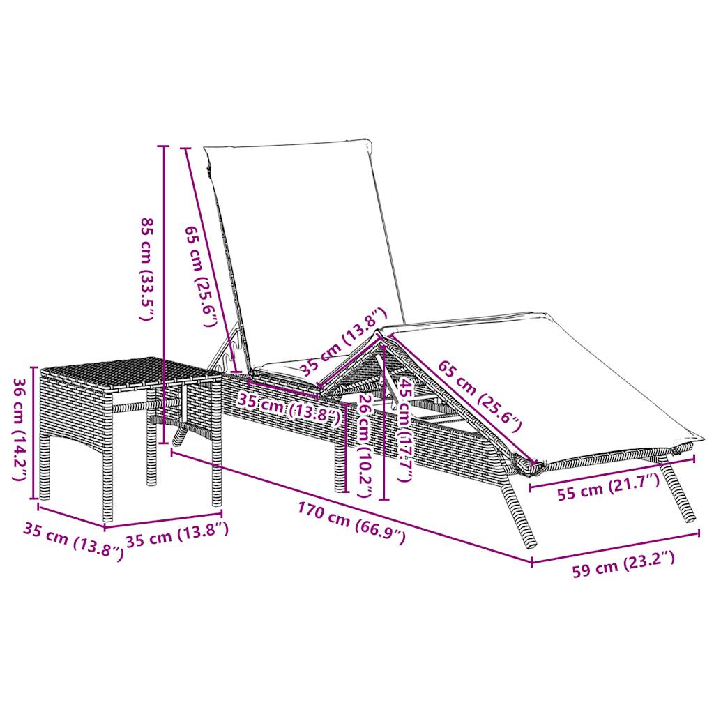 Ligbedden 2 st met tafel poly rattan zwart (alleen VS)