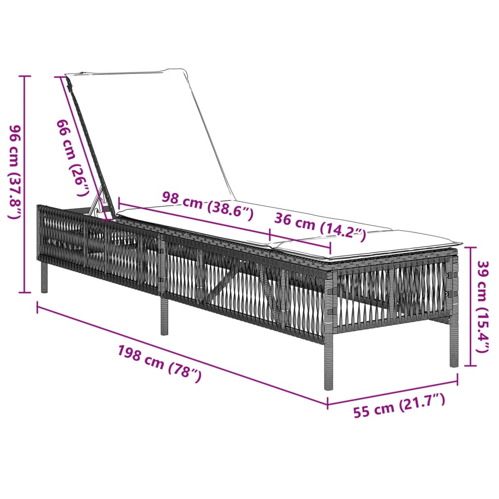 Ligbed met kussen poly rattan lichtgrijs