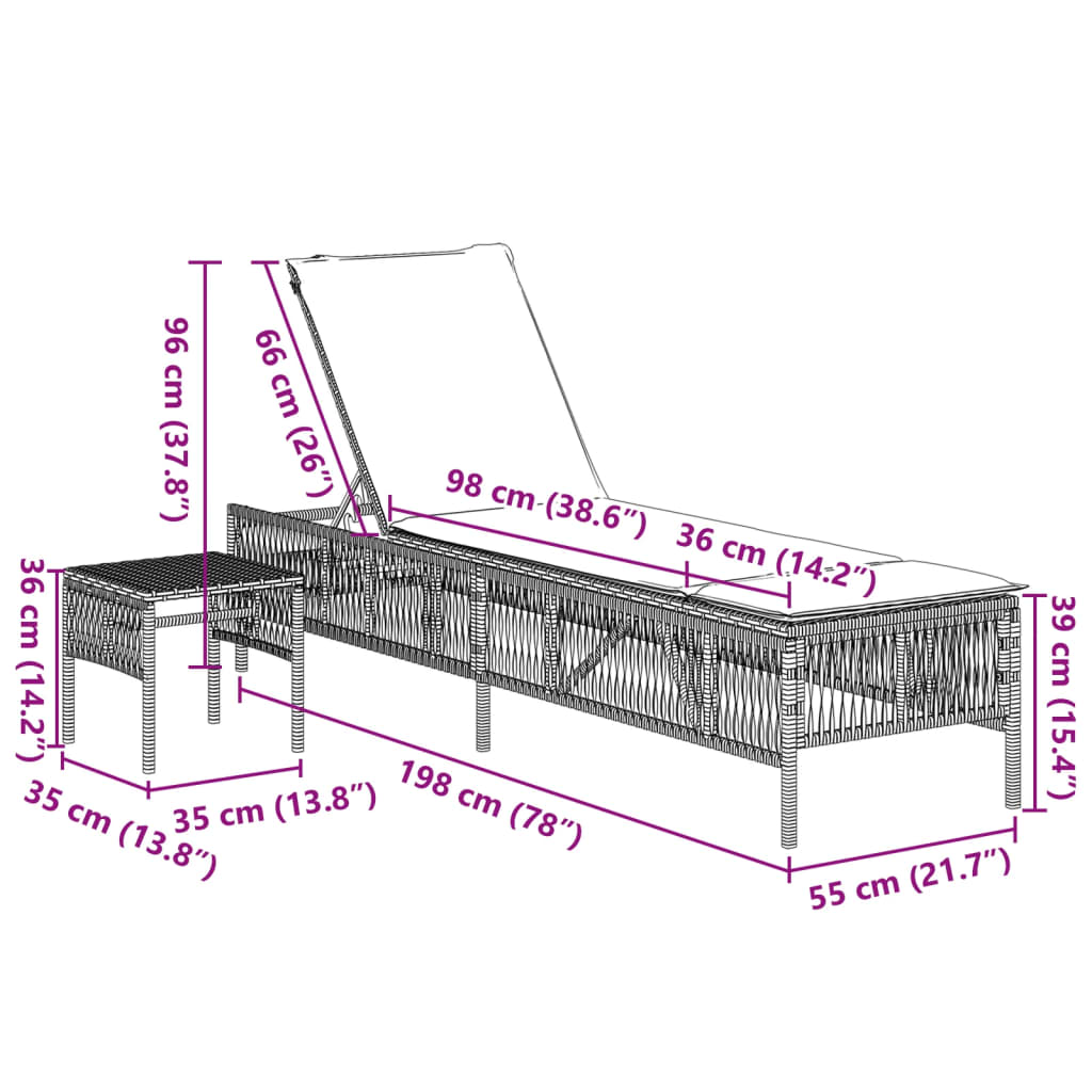 Ligbedden 2 st met tafel poly rattan zwart