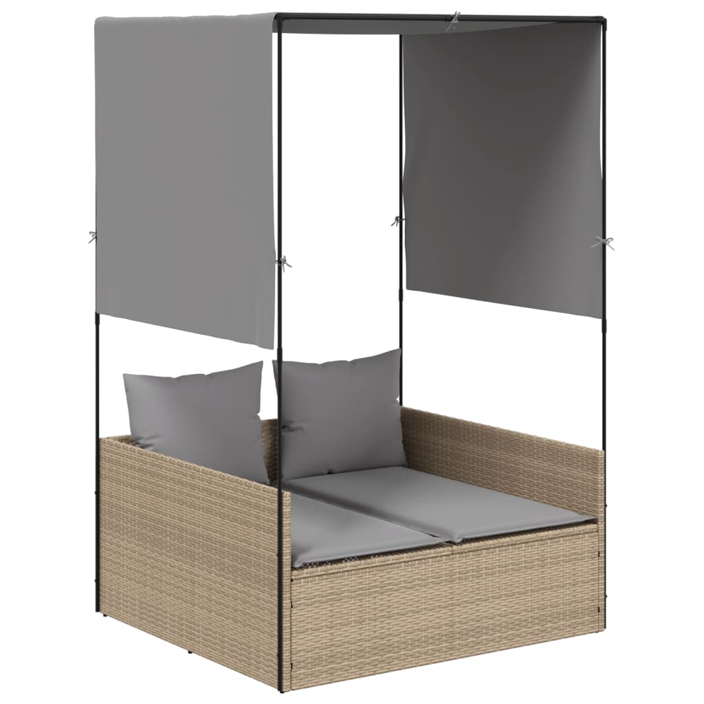 Ligbed tweepersoons met dak en gordijn poly rattan beige