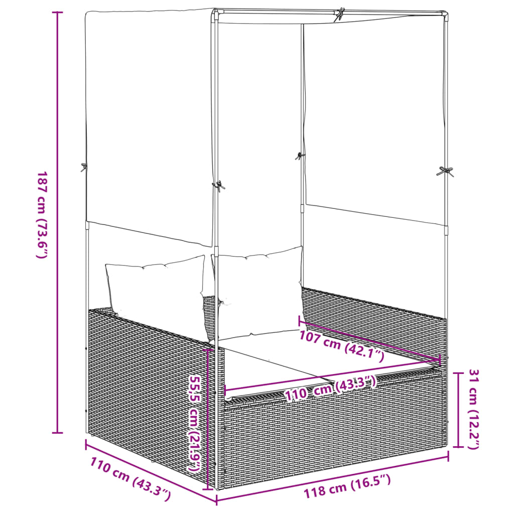 Ligbed tweepersoons met dak en gordijn poly rattan beige