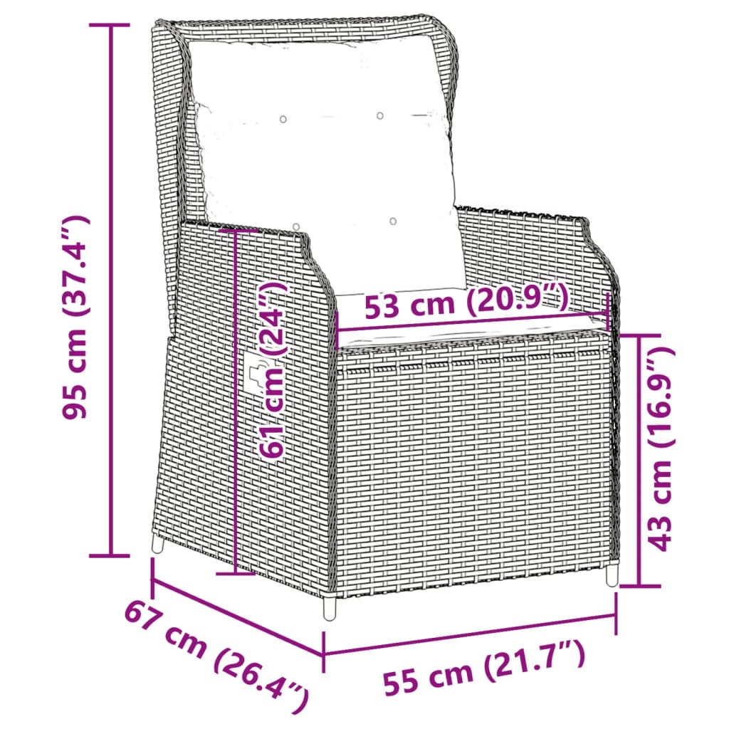 Tuinstoelen 2 st verstelbaar met kussens poly rattan bruin