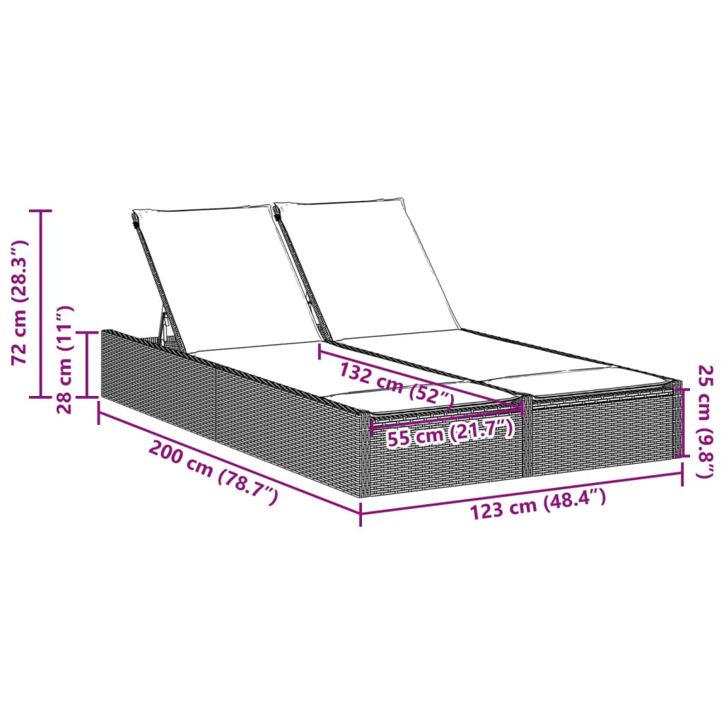 Ligbed 2-persoons met kussens poly rattan grijs