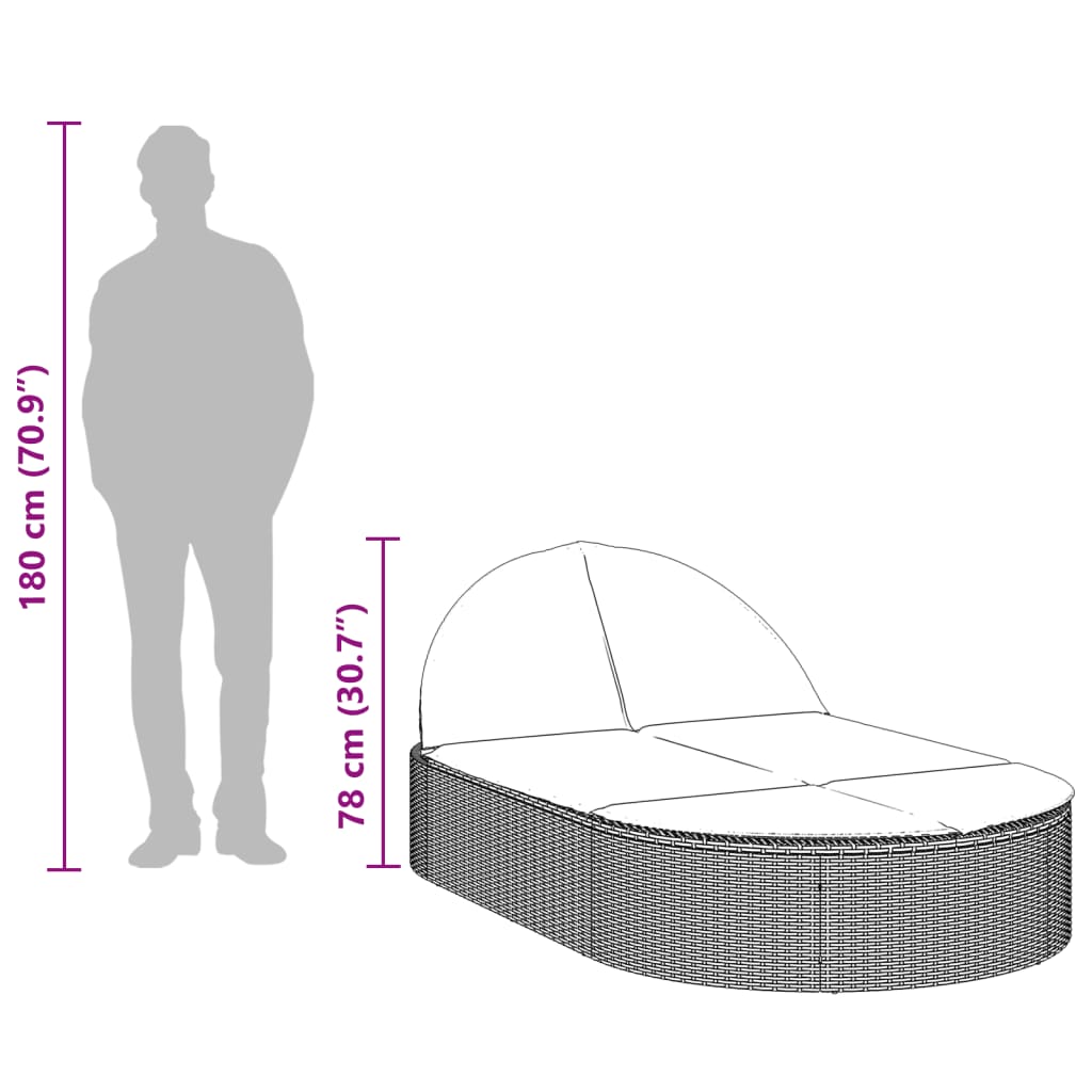 Ligbed 2-persoons met kussens poly rattan zwart