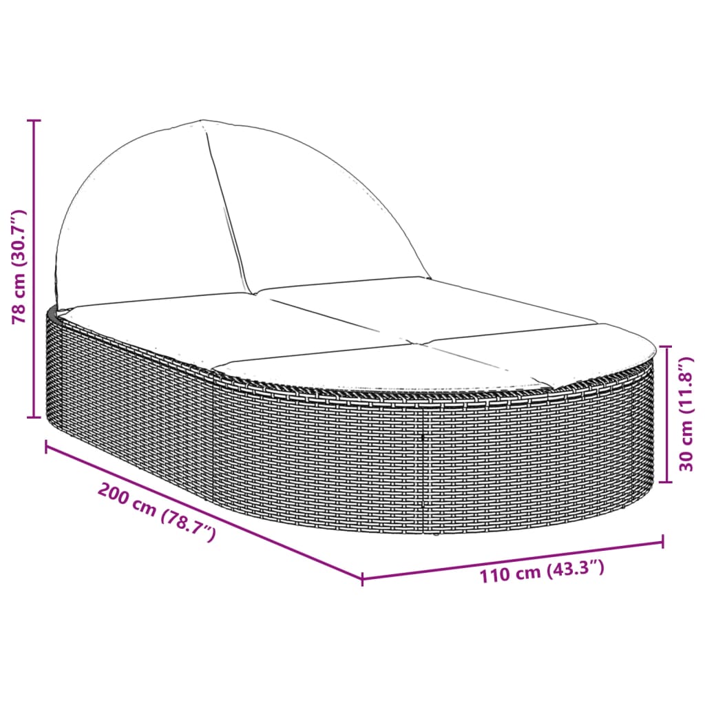 Ligbed 2-persoons met kussens poly rattan bruin