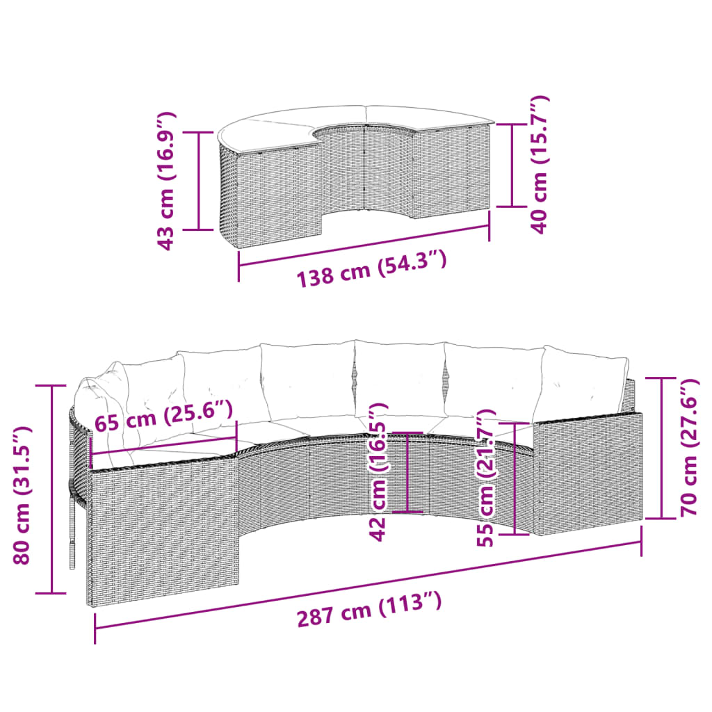 2-delige Loungeset halfrond poly rattan grijs