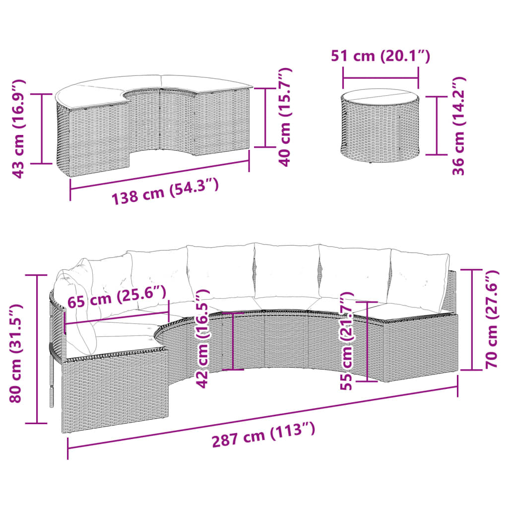 3-delige Loungeset halfrond poly rattan zwart