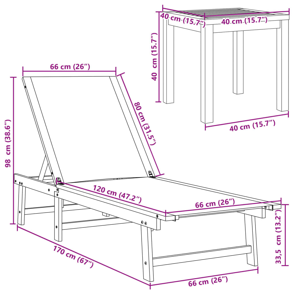 Ligbedden 2 st met tafel massief acaciahout en textileen grijs