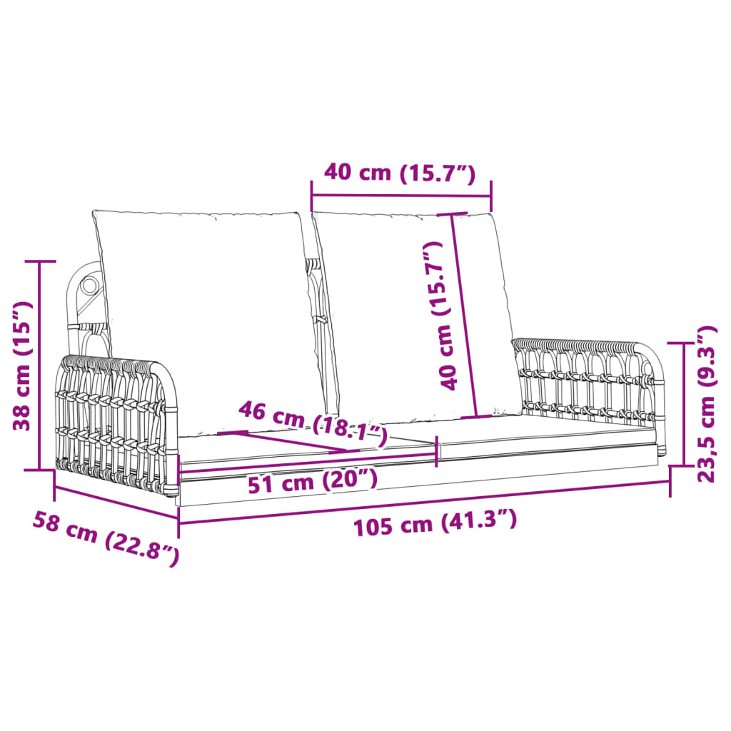 Schommelbank met kussens 105x58x38 cm poly rattan en staal