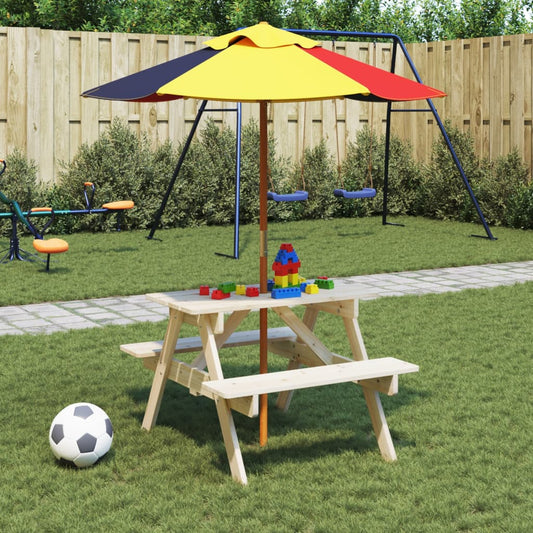 Picknicktafel voor 4 kinderen met parasol massief vurenhout