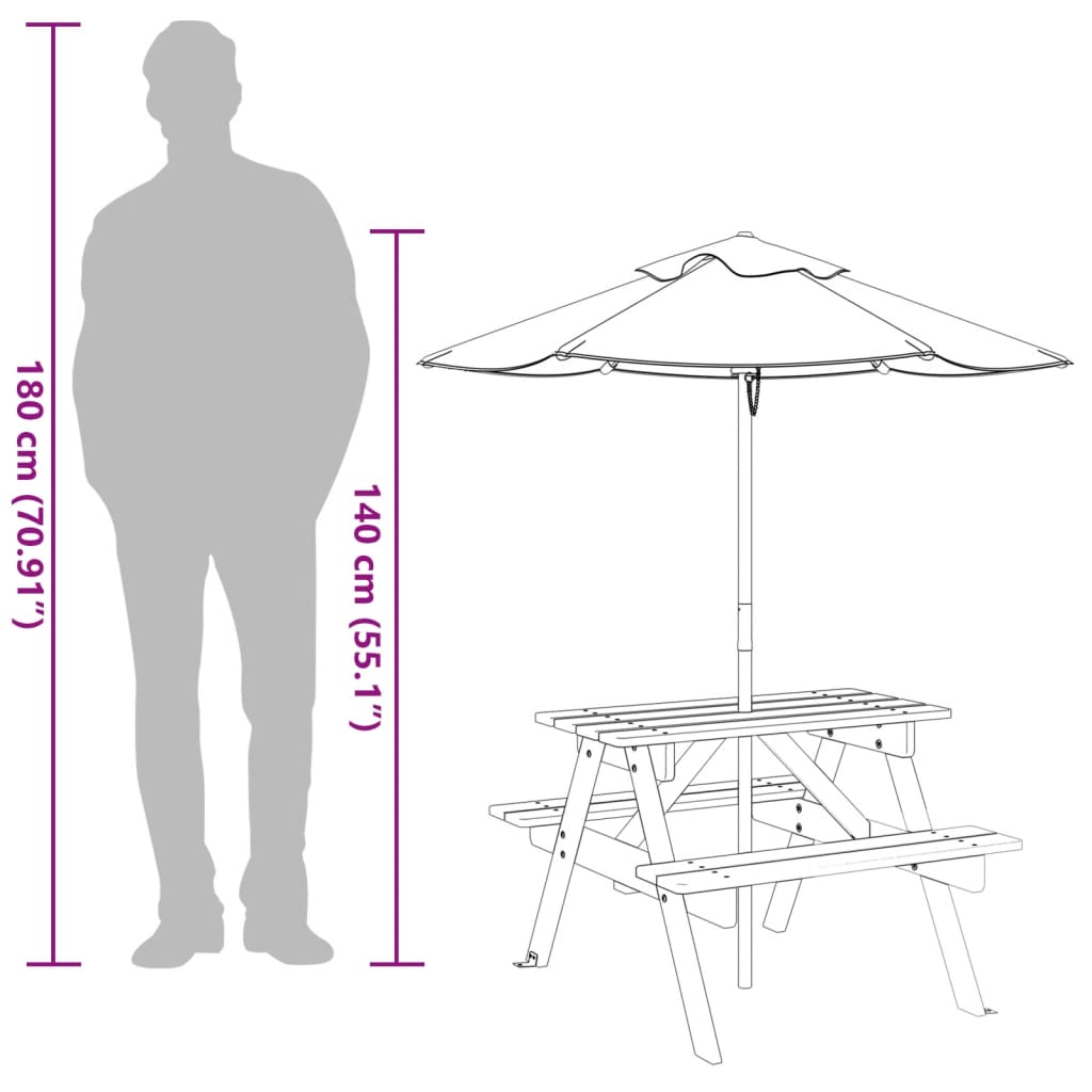 Picknicktafel voor 4 kinderen met parasol massief vurenhout