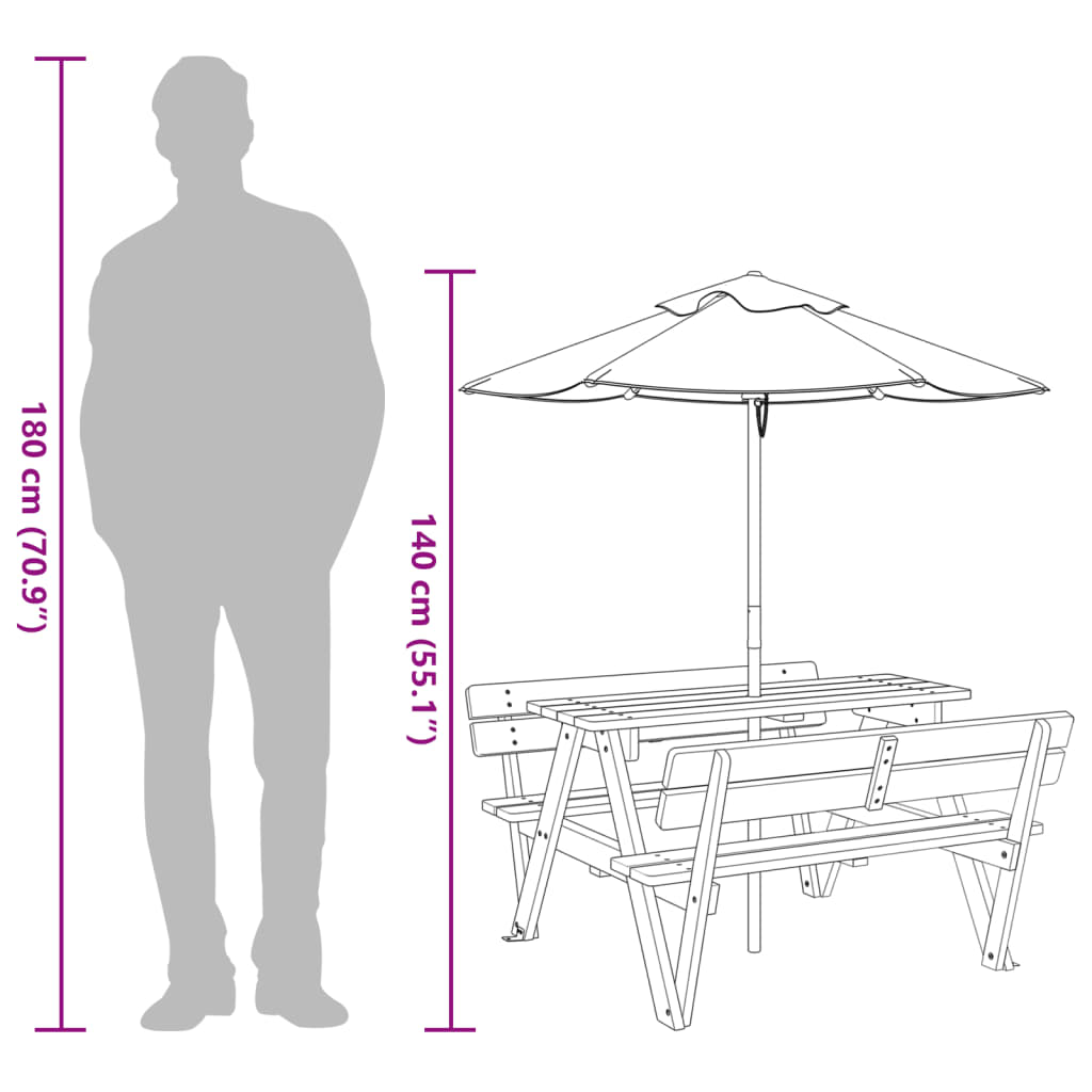 Picknicktafel voor 4 kinderen met parasol massief vurenhout