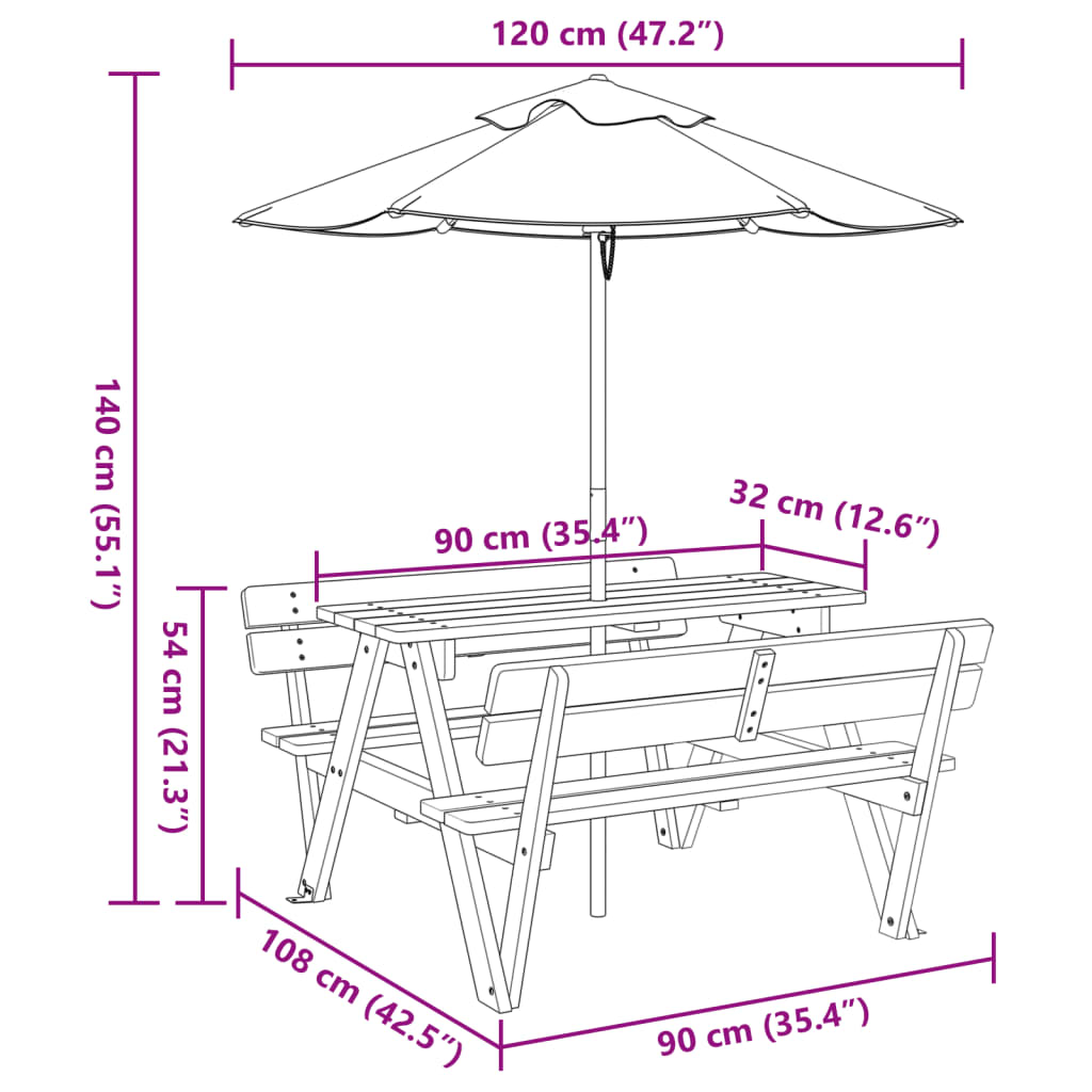 Picknicktafel voor 4 kinderen met parasol massief vurenhout