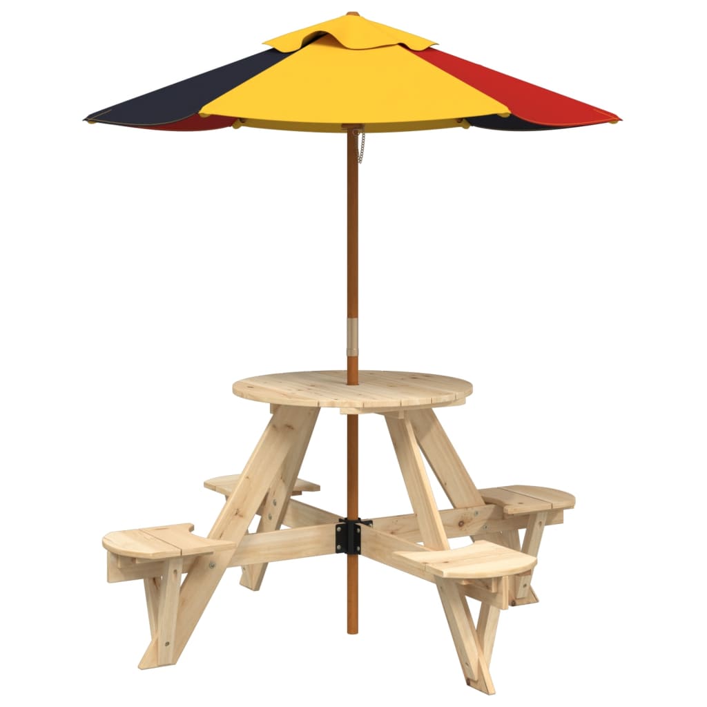 Picknicktafel voor 4 kinderen met parasol rond vurenhout